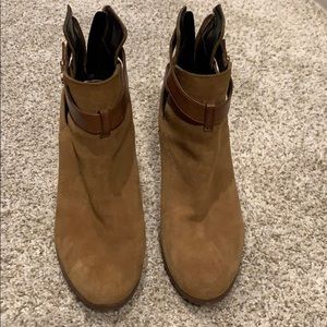 Tan suede booties with leather trim